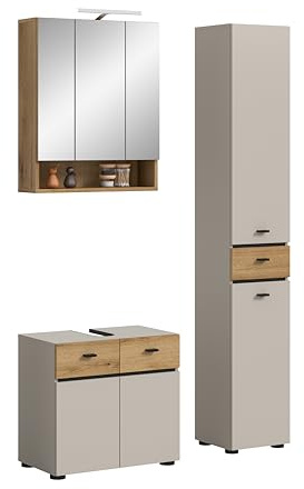 xonox.home – Badkombination inkl. Beleuchtung Aqua 107x191x35 cm in Kaschmir Melamin – 3-teiliges Set mit beleuchtetem Spiegelschrank & Schränken – Zeitloses Design für EIN modernes Badezimmer