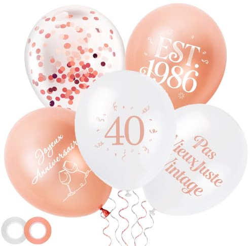 Ballons Anniversaire 40 Ans Or Rose - Lot de 30 | Ballons Latex, Confettis Dorés, EST. 1986, Joyeux Anniversaire, Décoration de Fête, Pour Femme