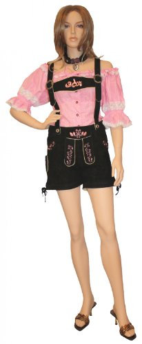 German Wear Kurze Damen Trachtenlederhose Ziegenleder damenlederhose Schwarz-Rosa, Größe:44