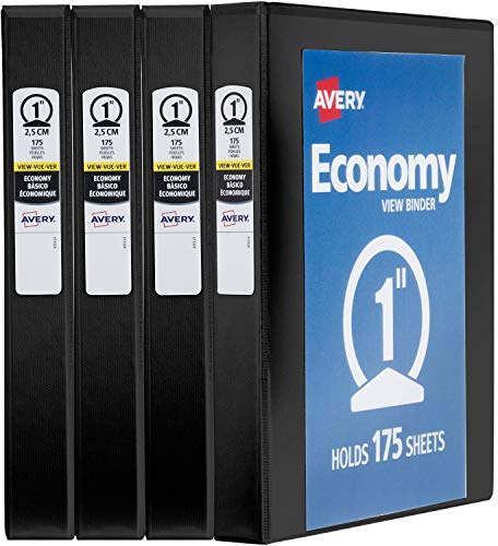 Avery Standard View 3 Ring Binders, 1 Round Rings, 175-Sheet Capacity, 1.4 Inch Wide Spine, Black Binders, Ideal for Lightweight Organization and Occasional Referencing (4-Pack of 19203)