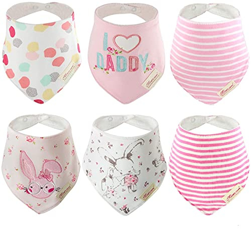 Discoball 6 PCS Lovely Infant Baby and Toddler Bandana Drool Bibs 100% Absorbent Cotton Front Saliva Towel Dribble Bibs, Pink Pack(girl Design), 26