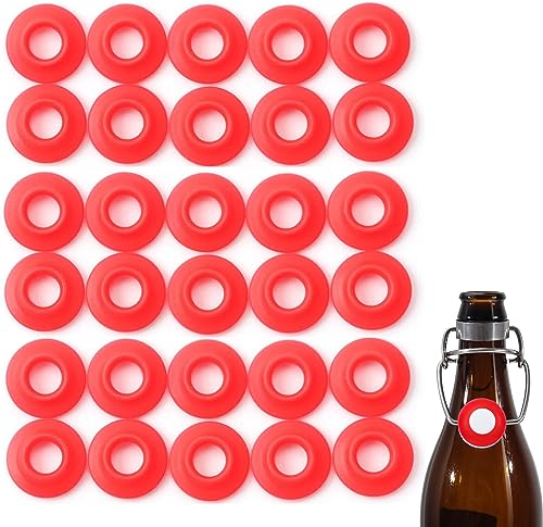 FERRODAY 30PCS Silicone Gasket for EZ Cap Red Washers Swing Flip Top Bottle Cap Gasket Home Brew Beer Soda Bottle Seal Swing Top Bottle Gasket (30 Bottle Gaskets)