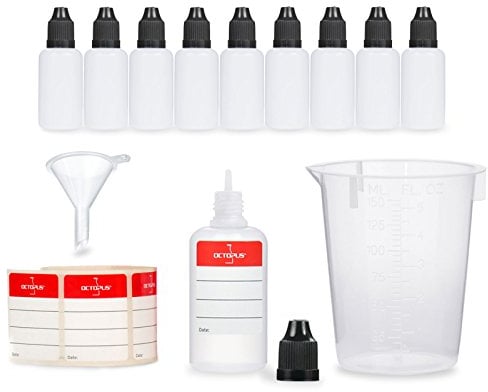 10 flacons compte-gouttes de 30 ml avec entonnoir + gobelet doseur + étiquettes, par exemple pour les liquides, les bouteilles en plastique LDPE, les flacons doseurs de liquides