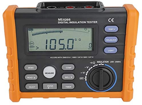 Misuratore Resistenza di Isolamento, Akozon MS5205 Tester Isolamento 250V-2500V Megaohmmetro Digitale Professionale Prova di Continuità con Display LCD Retroilluminato Test di Tensione CC e CA