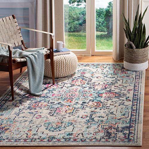 SAFAVIEH Boho Teppich für Wohnzimmer, Esszimmer, Schlafzimmer - Madison Collection, Kurzer Flor, Creme und Blau, 160 X 229 cm