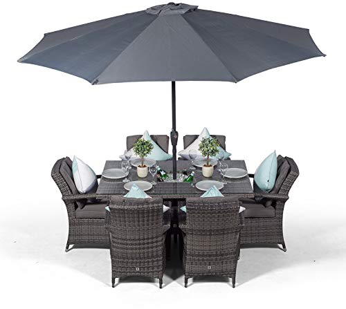 Arizona Rattan Dining Set | Luxury Rectangle 6 Seater Grey Rattan Table & Chairs Set with Ice Bucket Drinks Cooler | Outdoor Poly Rattan Garden Dining Furniture Set with Parasol & Cover