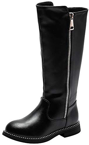 rismart Girls' Tall Riding Boots Flat Heel Side Zipper Winter Fur Lined Knee High Shoes SN03922(Black,2.5 M US Little Kid)