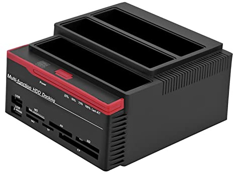 Tosuny Dual-Bay 2,5-Zoll-3,5-Zoll-USB 3.0 zu SATA/IDE-Festplatte Dockingstation-Unterstützung Festplatten-Offline-Klon + HUB-Reader(EU-Stecker)(100-240V)