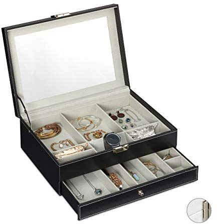 Relaxdays Schmuckkasten, 2 Ebenen, großer Spiegel, Lederoptik, Ohrringe, Ketten, Schmuckbox HxBxT: 13x35x25 cm, Schwarz