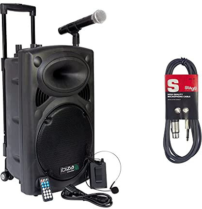 Ibiza Port12VHF-BT-WH Impianto audio portatile cassa attiva,700 Watt, ingressi USB SD MP3, 2 microfoni, cuffie, batteria, telecomando & Stagg SMC6XP Cavo Microfonico di Alta Qualità XLRf to Jack
