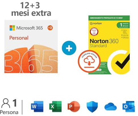 Microsoft 365 Personal | 1 persona| Per PC/Mac/tablet/cellulari Abbonamento di 12+3 mesi | codice via email + Norton 360 Standard | 1 dispositivo | abbonamento 15 mesi | codice via email