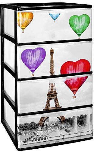 Cajonera Plástico 4 Cajones Modelo Negro Paris - Organizador Almacenamiento Ropa Dormitorio Escritorio - 37x38x62.8cm - Montaje Fácil - COM-FORT HOUSE