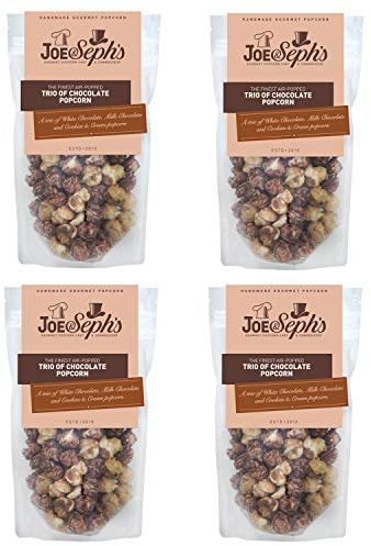 Joe & Seph's Trio of Chocolate Popcorn (4x80g), gourmet popcorn, air-popped popcorn, chocolate snack, sweet popcorn, movie night snacks, popcorn for a party