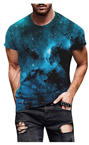 Masrin Herren T-Shirt Mode Fantasy Star Sky Motiv Tops 3D-bedruckter Pullover Rundhalsausschnitt Kurzarm Streetwear Slim Tunika Bluse(XL,Blau)