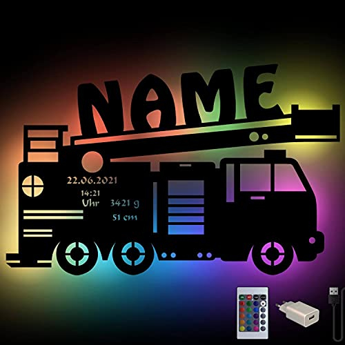 RGB USB personalisierte Feuerwehr-Auto Wand-Leuchte Nachtlicht Geschenke mit Namen Schlummerlicht Baby-Zimmer Kinder-Zimmer Holz Wand-Lampe Junge Mädchen