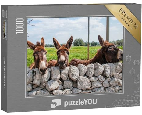 puzzleYOU: Puzzle 1000 Teile „Niedliche Esel blicken durch eine Steinmauer, Modica“ – aus der Puzzle-Kollektion Esel
