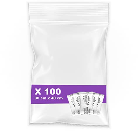 Rc Ocio Sachet Plastique Transparent/Sachet Zip Fermeture Hermetique/Sac Congelation Zip en Petit et Grand/Sachet Alimentaire Biscuits-Confiserie/Ziplock Bags+Sachet Dessiccatif PACK 100 30x40 cm