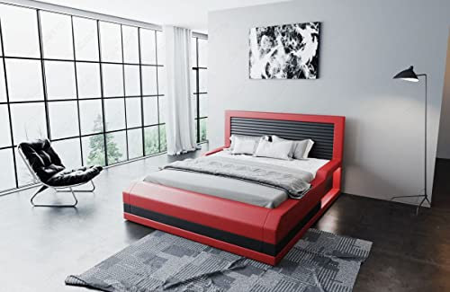 Sofa Dreams Boxspringbett Treviso Leder mit LED Licht Podest Hotelmatratze Lederbett in 140x200 160x200 180x200 200x200 200x220 (140 x 200 cm, Rot-Schwarz)