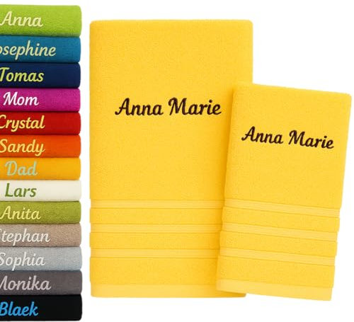 Pet-Jos 2er Pack Personalisiertes Handtuch und Badetuch mit Namen Schön gestickter Name Handbadetuch 100 % Baumwollhandtuch 50 x cm + 140 70 Personalized Custom Towel with (Gelb)