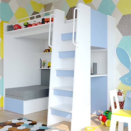 Marlux-Meble Hochbett JSM-7 90x200 TREPPE RECHTS mit Schreibtisch Schränke und Ausklappbares Sofa 70x180 Matt Funktionsbett Etagenbett Stockbett Kinderhochbett Jugendhochbett (Hellblau Matt)