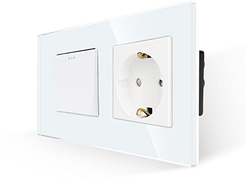 JIMEIDA Lichtschalter mit Schuko Steckdose Weiß, 1 Fach 1 Weg mit Glas Platte, Modernem Kristall Wippschalter Wandschalter, mit Leuchtstoffpunkten, 10 Amp, 250 V