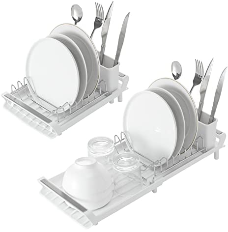 Compact Dish Drainer Expandable Dish Drying Rack with Removable Cutlery Holder Stainless Steel & Plastic Dish Rack Non-Scratch Small Kitchen Dish Drainer Rack, White