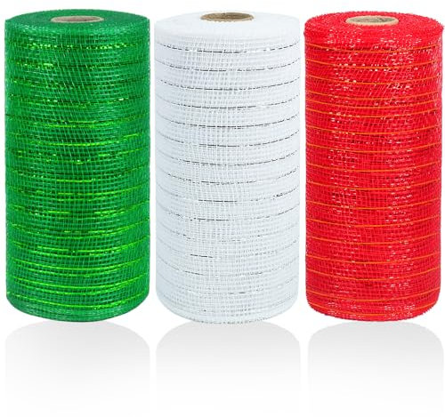 tenn well 3 Rolls Poly Mesh Ribbon for Wreath Making, 6 Inch x 10 Yards Red Green White Stripe Deco Mesh Ribbon Rolls for Christmas Tree Decoration and Swags