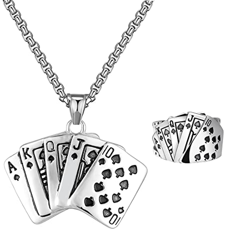 Liitata 2 Stück Spielkarte Anhänger Halskette Ringe Set Pik Royal Flush Halskette Chunky Poker Karte Ring Rock Gothic Punk Hip Hop Kette für Männer