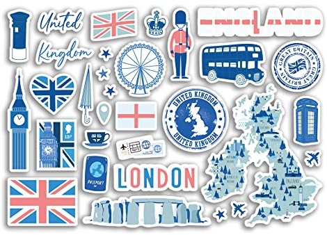 A5 Aufkleberbogen England blaue Sehenswürdigkeiten Vinyl Aufkleber – UK GB London Karte Flughafen Land Skyline Flagge Reisen Urlaub Stadt Ästhetik #80281