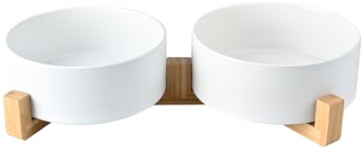 SPUNKYJUNKY Gamelle Double en céramique avec Support en Bambou pour Chiens de Grande Taille (1800 ML, Blanc x 2)