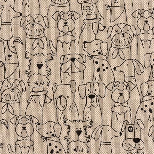 SCHÖNER LEBEN. Dekostoff Leinenlook Dog Cartoon Line Hunde Natur schwarz 1,40m Breit