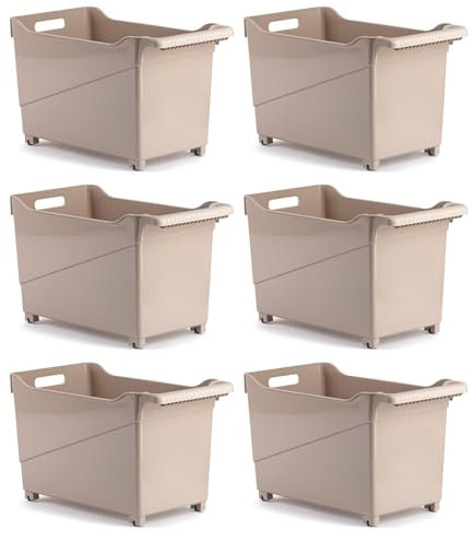 Tradineur - Pack de 6 Carritos de plástico con Ruedas y asa - N.º 2 - Cesta Organizadora para Productos de Limpieza, Baño, Cocina - Color Marrón Topo