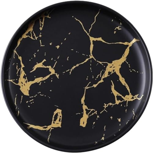 FülleMore Keramik Essteller Gold Marmor Speiseteller Frühstücksteller Rund Snackteller Steakteller Pizzateller Pastateller Servierteller für Salat Pasta Kuchen Dessert (Schwarz, 25.4cm)