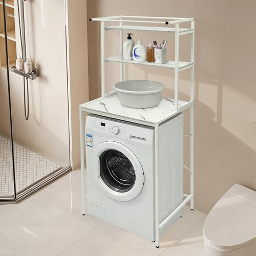 Mensola per lavatrice a 3 piani in MDF e supporto in ferro, multifunzionale per il bagno con 3 ripiani e barra trasversale, ripiano sopra la lavatrice per bagno (bianco+marmo)