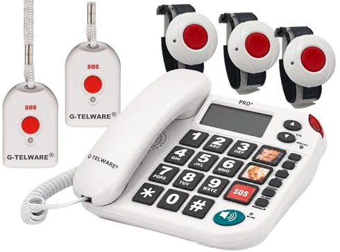 G-TELWARE PRO (Weltneuheit) Silence SOS Technik/SOSParam.einstellb./2026er Modell Haus Notruf Seniorentelefon mit FunkSOS-Sender - 3 Armbandsender + 2 Handsender mit Schlaufe, Satingrau, PRO+