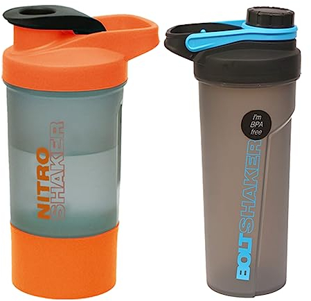 Set of 2 - Protein Shaker Bottles with Screw Lid, Stainless Steel Mixing Ball or Storage Compartment Plastic Supplement Shaker Bottle for Gym Fitness Running Exercise (Orange - 600ml and Blue - 700ml)
