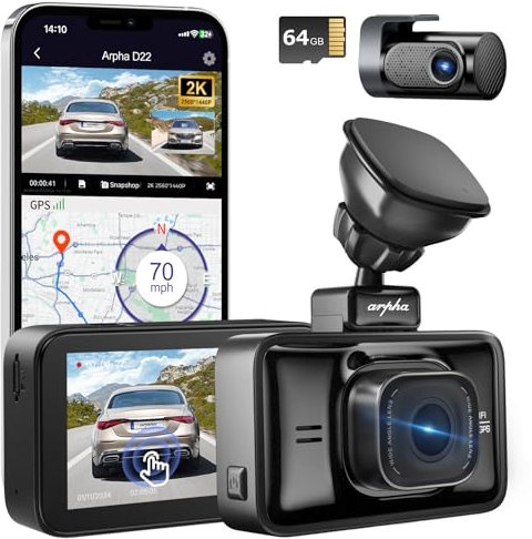 D22 Dashcam für Front und Heck, 2K+1080P Dual-Dashcam fürs Auto, 3-Zoll-Touchscreen, integriertes WLAN, GPS, Sprachsteuerung, WDR-Nachtsicht, 24-Stunden-Parkmodus, kostenlose 64-GB-Karte