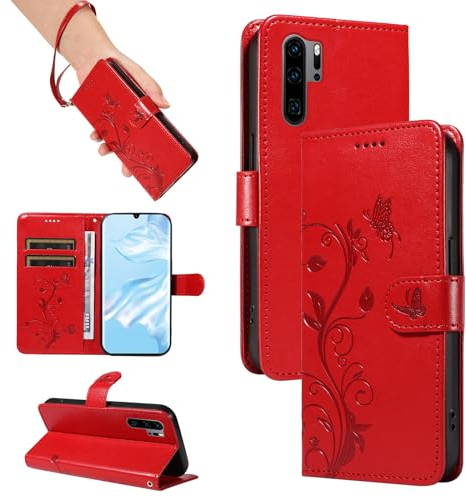 SRISHP Hülle für Huawei P30 Pro Hülle, Premium PU Leder Handyhülle mit Band, Magnet Flip Case für Huawei P30 Pro, Rot