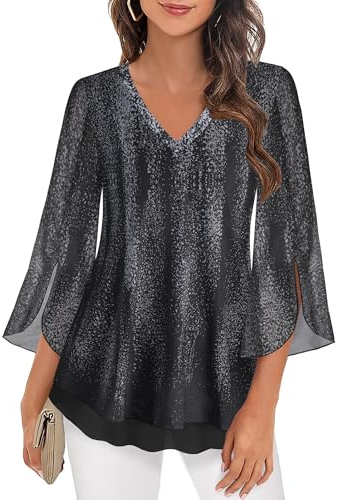 Datuhao Bluse Damen Elegant Festlich Grau Oberteile Frauen Lang Damenmode Frühjahr 2024 Elegant Shirt Damen Feminin Tunika Blusen 3/4 Arm Tunika A-Linie V-Ausschnitt Chice Oberteile
