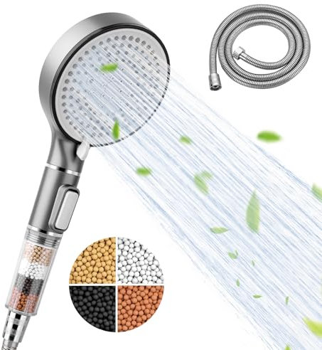 Shower Head, High Pressure Shower Head Hard Water Filter Shower Head with 5 Modes, Universal Powerful Flow Shower Head Beads Filter Showerhead with 2M Hose for Low Pressure Hard Water