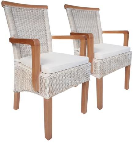 Amago home Esszimmer Stühle Set 2 Stück mit Armlehnen Rattanstühle weiß Perth Rattan Korbstühle nachhaltig Farbe mit Sitzkissen