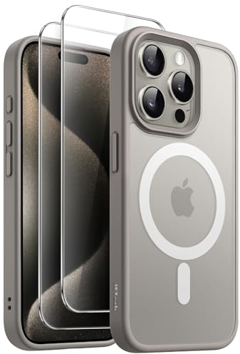 JETech 3 in 1 Magnetic Case for iPhone 15 Pro 6.1-Inch with 2 Pack Tempered Glass Screen Protectors, Compatible with MagSafe, Translucent Matte Back Shockproof Phone Cover (Natural Titanium)
