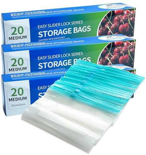 60 bolsas de almacenamiento de alimentos para congelador (23 x 16 cm), bolsas herméticas reutilizables con cierre de cremallera con parte inferior expandible, soporte y relleno, bolsas de