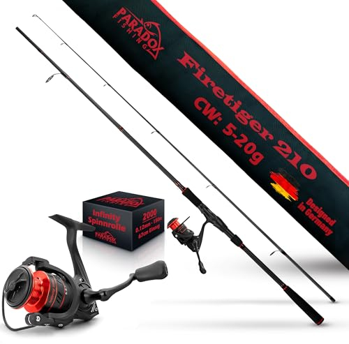 Paradox Fishing Firetiger Spinnrute mit Rolle I 2,1m 5-20g mit 2000 Rolle I Spinnruten perfekt für Barsch Rute