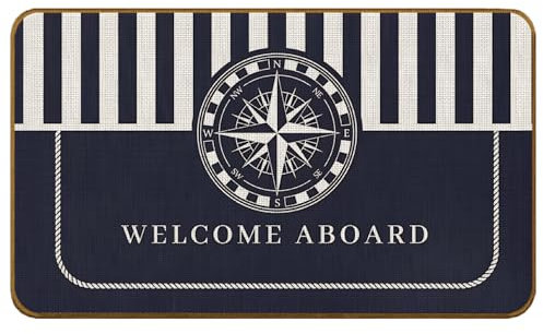 SkipTiger Nautical Navy Blue Compass Doormat,Welcome Aboard Doormats for Nautical Decor Entrance Home,Nautical Compass Non-Slip Washable Doormats for Outside Entryway Front Door,17x30inch
