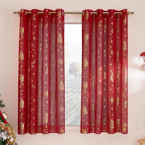 PONY DANCE Weihnachtsgardinen Rot Transparent Ösenvorhang 2er Set H 160 x B 140 cm Weihnachten Gardinen Wohnzimmer Kurz Durchlässige Vorhänge mit Goldernem Muster Vorhang Leinenoptik Transparent