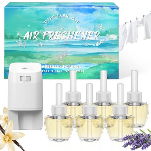 SCENTORINI Plug In Air Fresheners Refills with 1 Electrical Plug in Kit Gadget, Suitable for Air Wick & Glade, 3 Fragrance Linen, Lavender, Vanilla, Electrical Air Freshener Refills, 6+1Packs