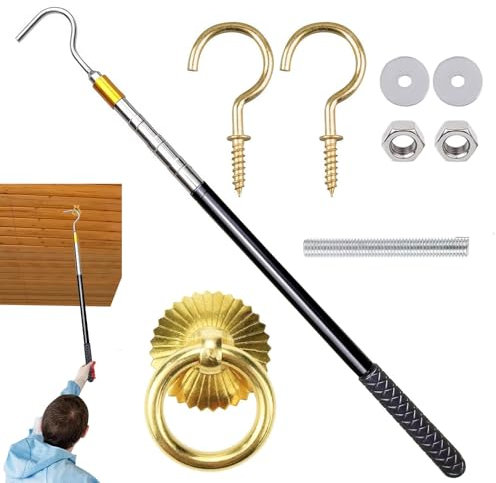 Dachboden-Leiter-Zugsystem-Set, Dachboden-Zugsystem-Haken-Set, Haken-Verlängerungsstangen-Set für Dachbodentreppen, Dachboden-Pulldown-System, Hakenteile, Ersatz für Kordelseile für Zuhause, Reparatur