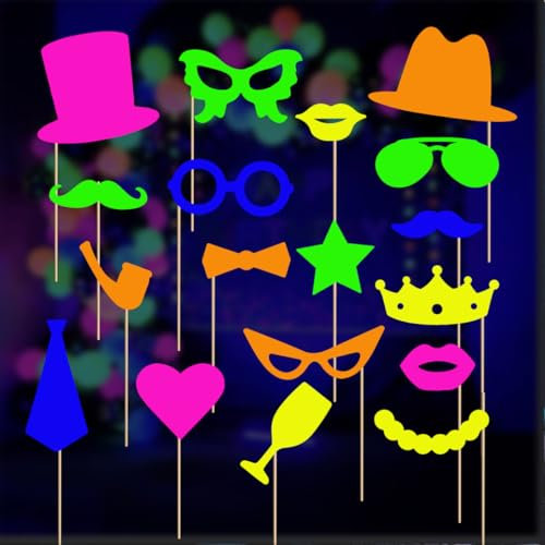 KARLOR UV Party Deko, 18 Pcs Neon Foto-Requisiten Papier Glow Deko Fluoreszierend Dekoration Leuchtend lustig Hüte Brille Bärte Weinglas Schwarzlicht Deko Accessories UV Partyzubehör Outfit