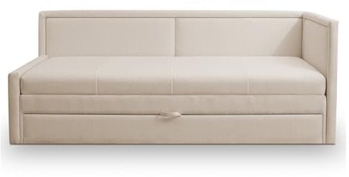 Selsey Polsterbett 91 x 205 cm Schlaffläche 163 x 189 cm Gepolstertes Bett Tagesbett Sofabett Jugendbett Robuster Stoff T30 Schaumstoff Ausziehbar Stauraum Hellbeige Caprili